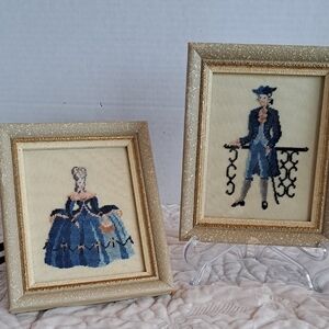 Vintage Colonial Man And Woman Needlepoint Framed 1960's Blue Petit Point